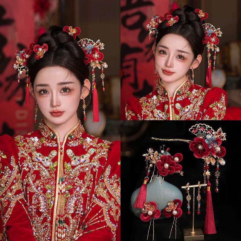 Chińska biżuteria ślubna na głowę: 2025 Spinka do włosów z Koroną Feniksa i Frędzlami do Sukni Smoka i Feniksa.