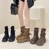 Design Sense Pleated Sense Solid Color Platform Martin Boots Women's 2025 Autumn and Winter Fashion Versatile Retro Platform Locomotive Boots