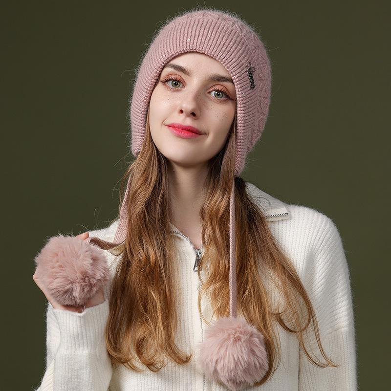 

Cute Knitted Hat Thickened Cold-proof and Warm Rabbit Hair Pullover Hat Autumn and Winter Ear Protection Wool Hat One size рожевий