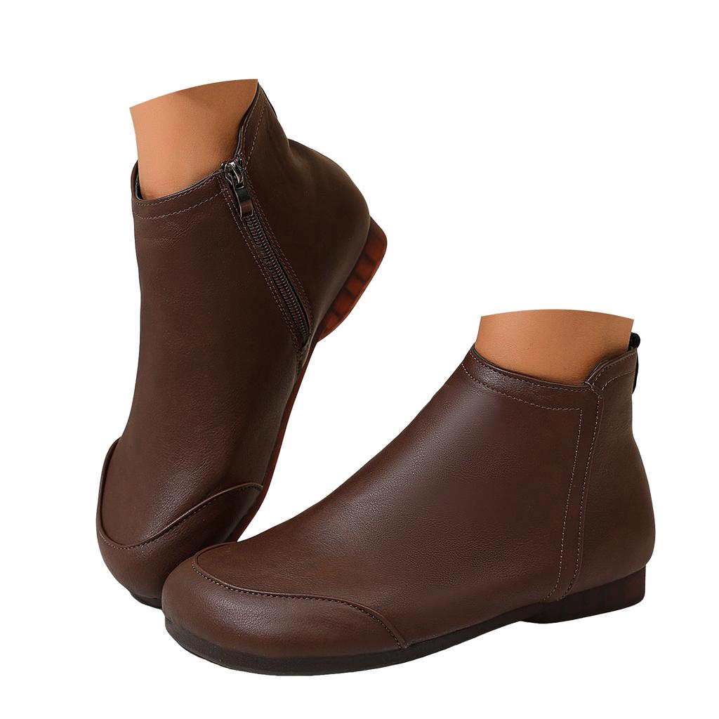 Women's Flat Soled Side Zip Ankle Boots Leather Stylish Retro Round Toe Soft Leather Ankle Boots. Womens Boots Leather Lace up