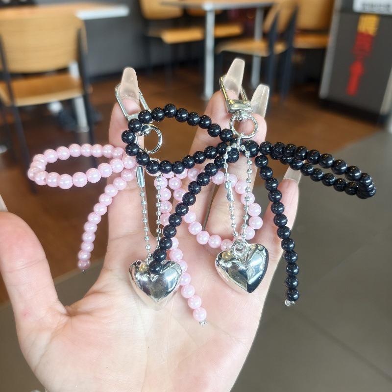 Bowknot Heart Bag Pendant Keychain Beaded Keyring White Pearl Bow Keychain Decoration For Bags Phones Car Korean Accessories