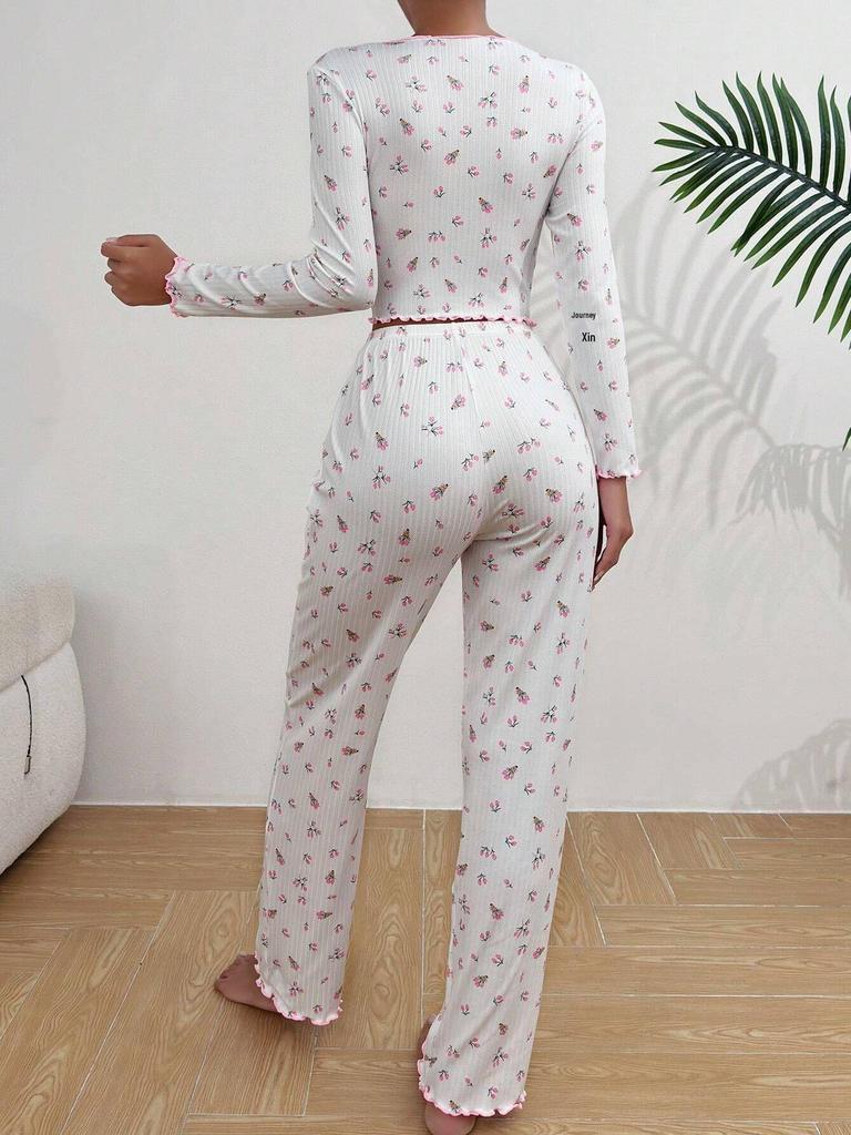 Women's European & American Style Printed Pajama Set: Long Sleeve Top & Long Pants, Casual Home Wear, Wearable Outdoors.