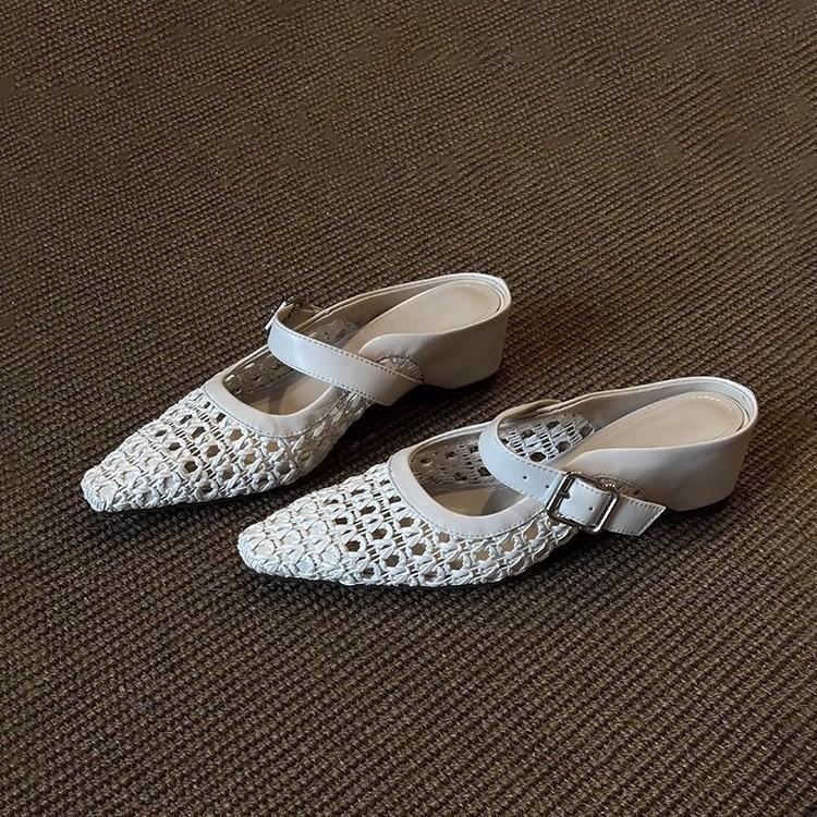 

Sheepskin version~ French woven inner sandals for women s summer with skirts, mesh hollowed out bag head slope heel, one-word buckle and half drag 40 белый