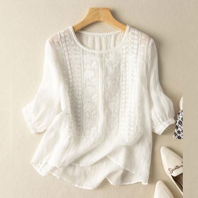 Womens Summer Embroidery 3/4 Sleeve Casual Cover Up Blouse