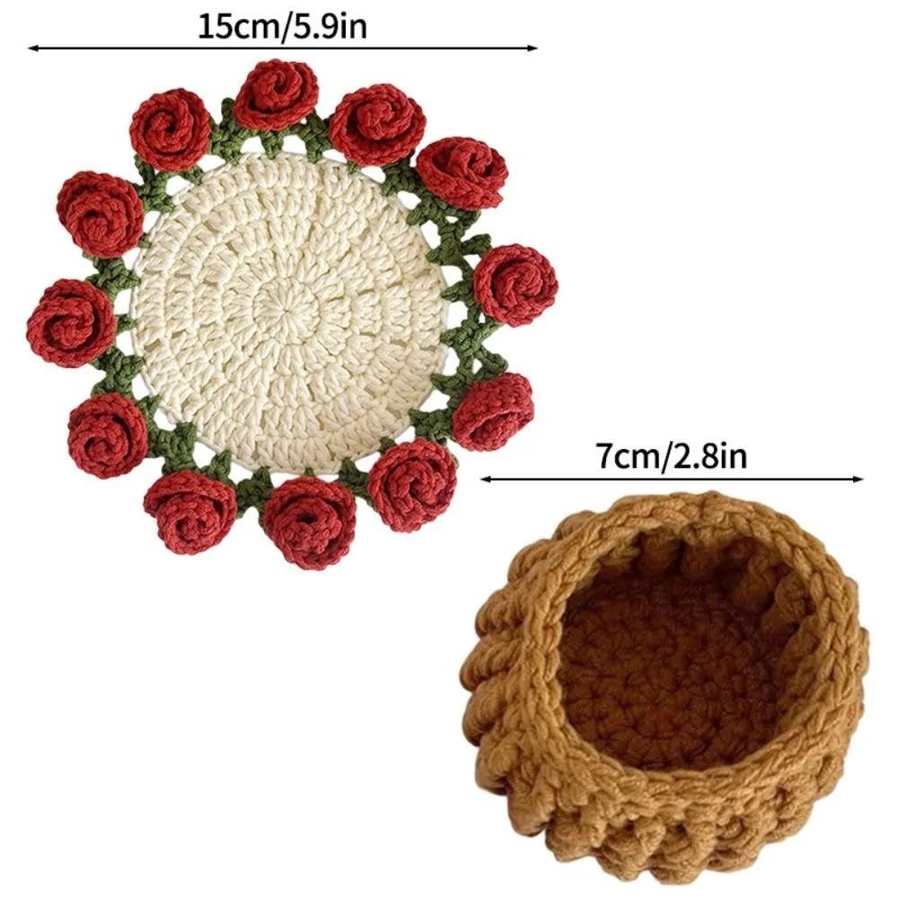 New Polyester Rose Bouquet Coasters Hand Knitted Cotton Crochet Flower Pot DIY Crochet Flower Cupmat Gift