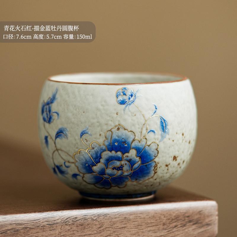 

150ml Outline In Gold Blue Peony Teacup Handmade Tea Bowl Set Of Cups Tea-tasting Personal Cup Chazhan Master Cups Teaware Craft