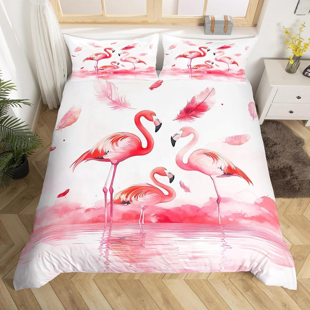 Flamingo Duvet Cover Set Tropical Animal Pattern King Bedding Set Girls Pink Floral Quilt Cover Queen Full Comforter Covers 3Pcs
