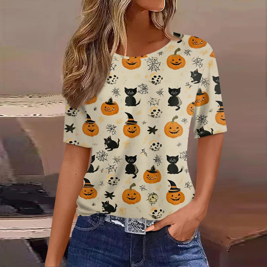 Women's Casual Short Sleeve Pullover Top Halloween Bat Pumpkin Print Round Neck Lightweight Shirt for Everyday Wear