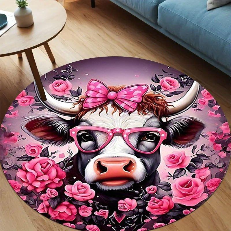 The Charming Highland Cow Round Carpet Featuring A Pink Floral Design Is Suitable for Decoration In Living Rooms Bedrooms