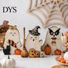 Petites Statues de Fantômes pour Étagères Ornement de Table d'Halloween, Figurine en Bois 2D avec Panneaux Rustiques Effrayants Décor Citrouille/Chat Noir/Balai