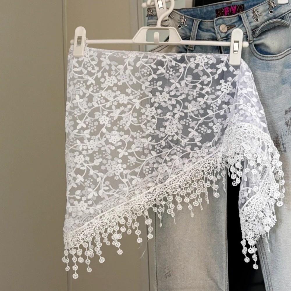 Hollowed-out Tassel Hip Curtain Lace Trim Triangular Headscarf New Apron Wrap Skirt  for Women
