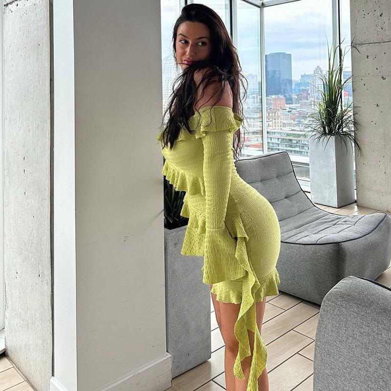 White Ruffle Bandage Mini Dress Women'S Off Shoulder Pleated Party Dress Strapless Long Sleeve Patchwork Mini Dress