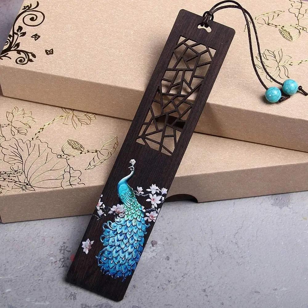 Retro Carving Ebony Bookmark Chinese Style Color Painted Bird Flower Book Clip Pagination Mark Stationery School Office Supplies