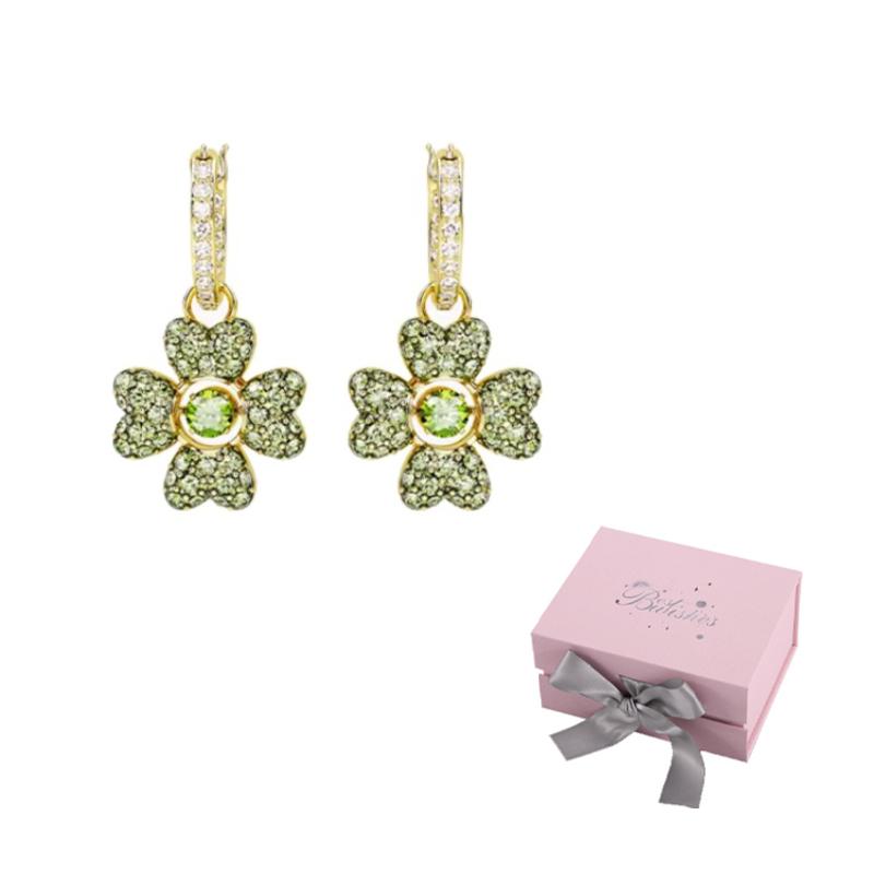 Swarovski Gold Plated Earrings Womens Green F-Pink bow gift box зелёный