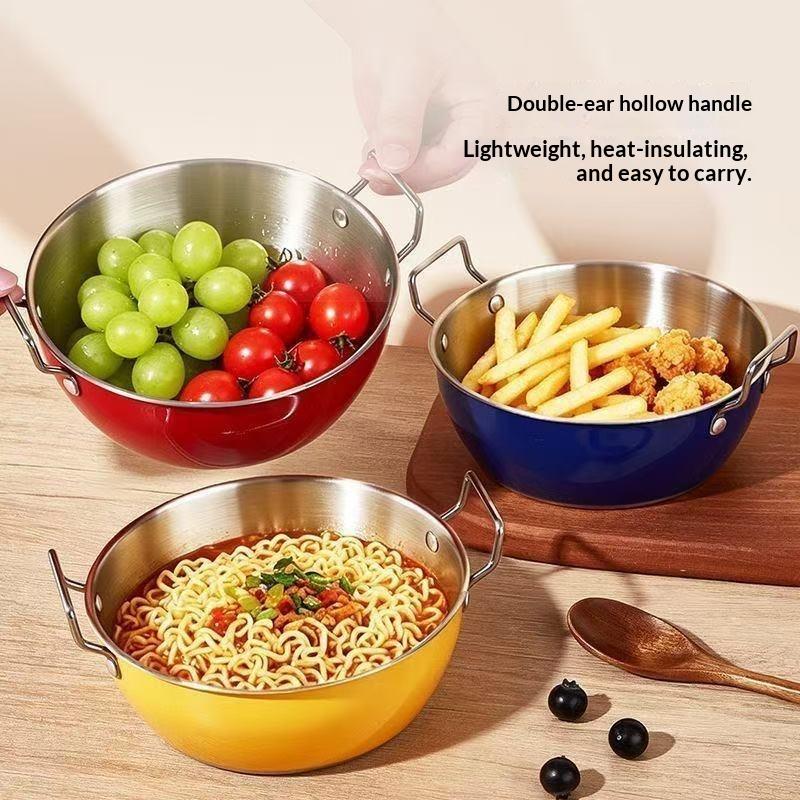 Colored Design Stainless Steel Kitchen Cooking Bowls Dual Handle Food Grade Anti-scald Bowl for Home Restaurant Use 1PC