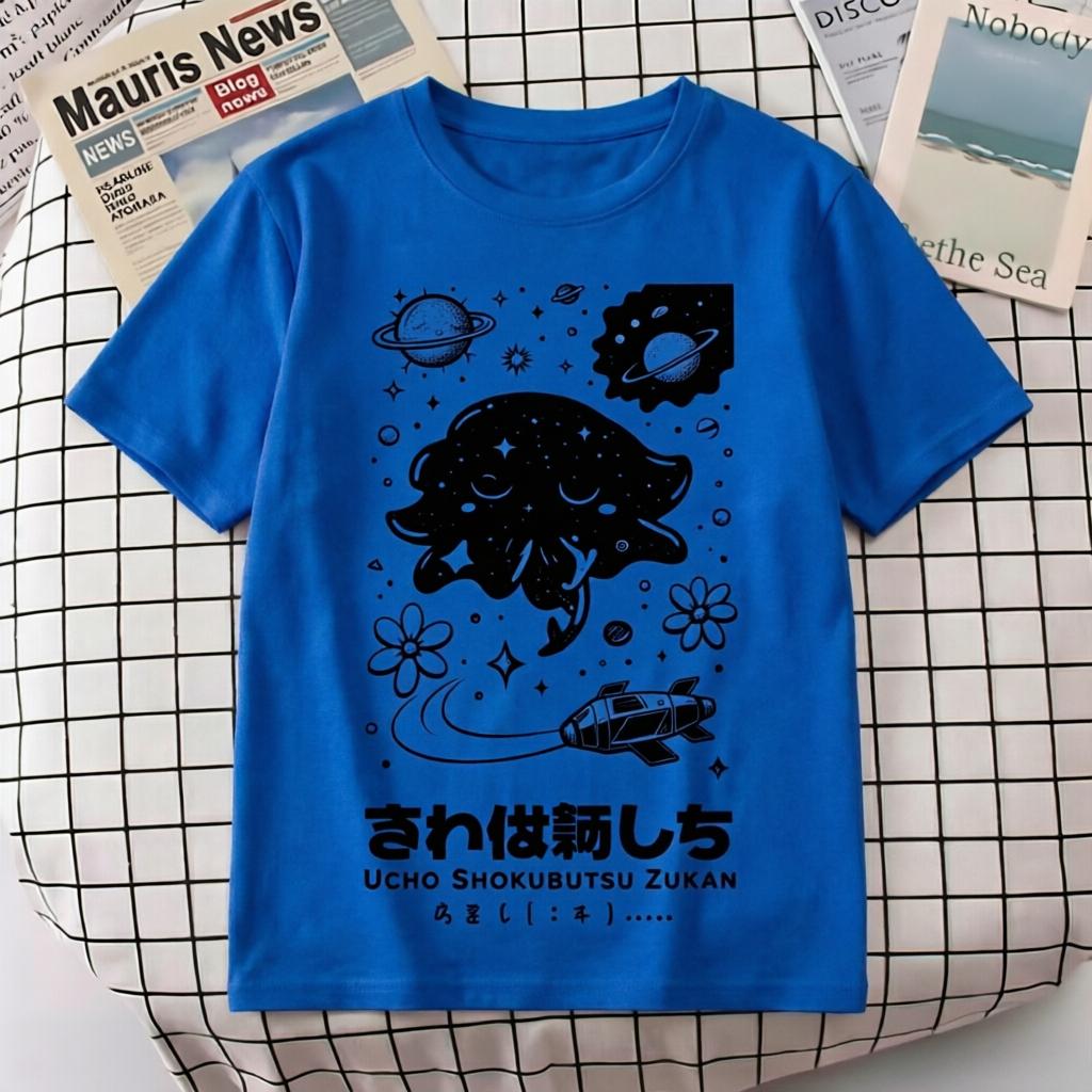 Black White Space Jellyfish Rocket Print TShirt 100 Cotton Breathable Unisex Grey Loose Fit Casual Top M