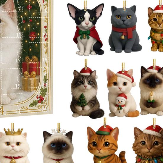 Christmas Cat Lover Advent Calendar PVC Ornament for Tree Decor 24-Day Countdown Box Gift for Kids Family