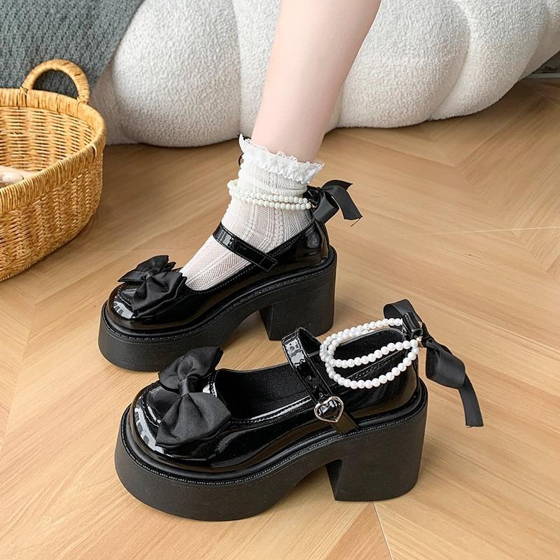 Women's High Heels Shoes High Quality Round Toe Mary Jane Bow Buckle Women High Heels Thick Heeled Lolita Platform Shoes Tacones