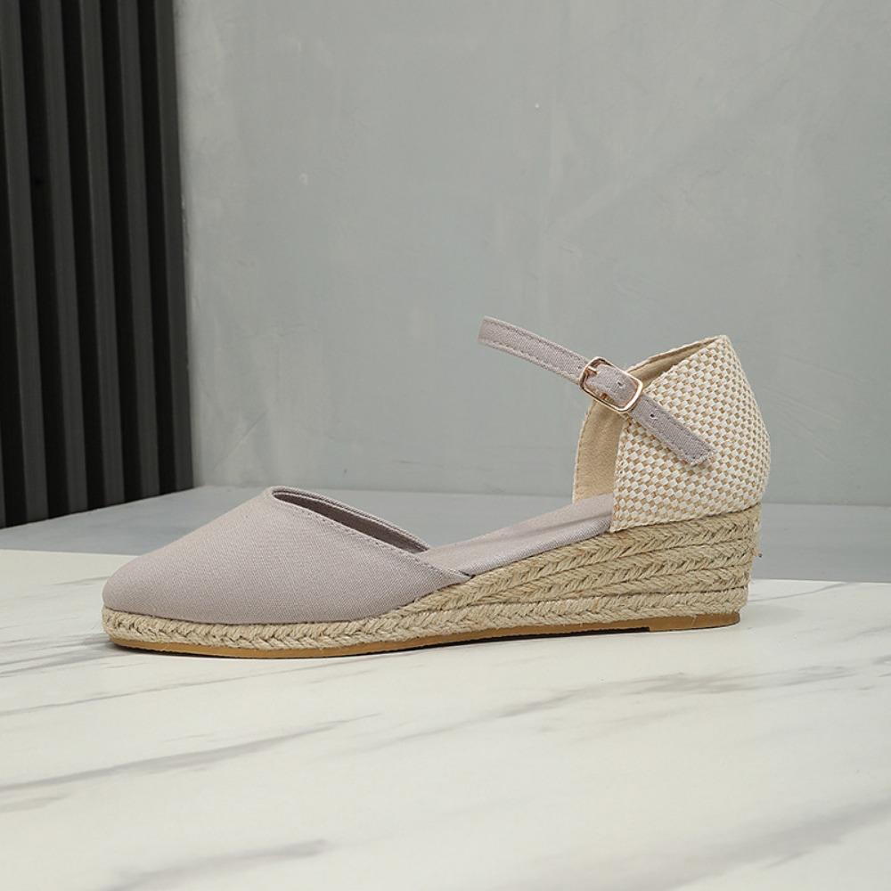 Fashion Baotou Sandals for Women's 2025 Summer Grass Woven Hemp Rope Slope Heel Shoes Women Round Toe Thick Sole Buckle Womens Sandals