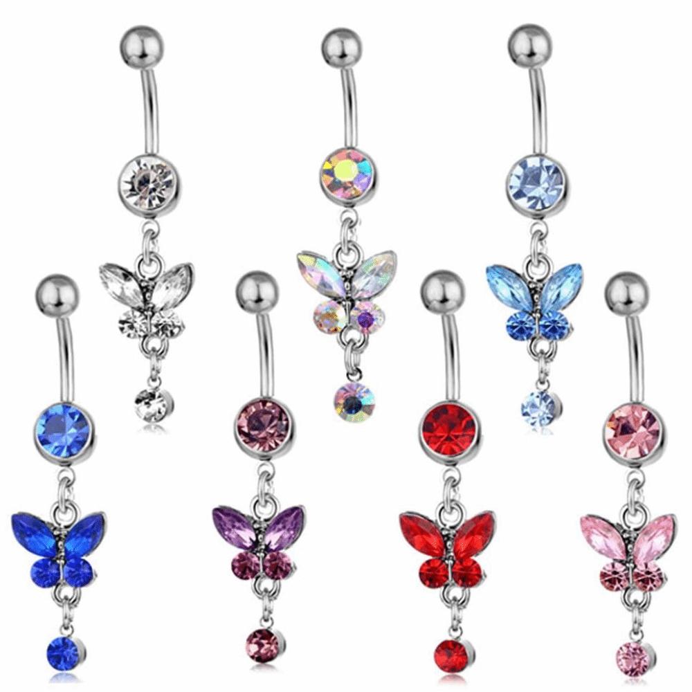 Stainless Steel Zircon Navel Ring Rhinestone Colorful Butterfly Pendants Belly Button Ring Hip Hop Piercing