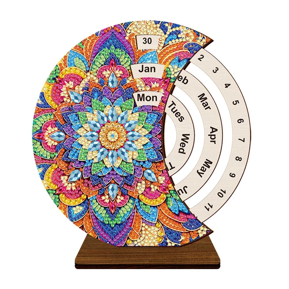 Wooden Special Shaped DIY Diamond Painting Moon Perpetual Calendar Diamond Handmade Rotating Calendar Desk Decor for Beginners