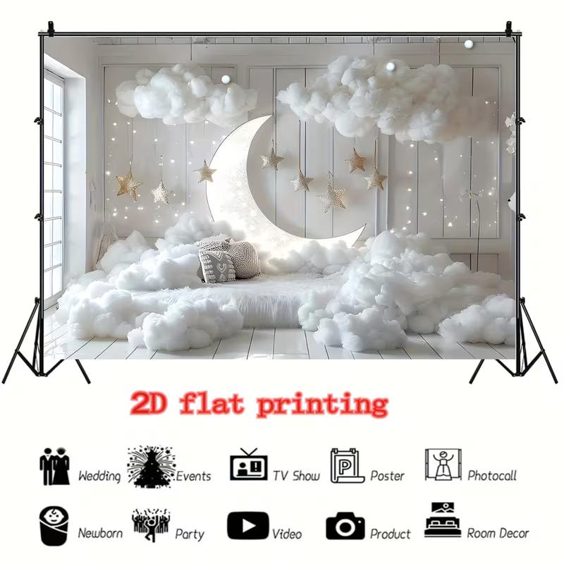 2D Flat Printing Neutral Moon & Cloud Backdrop with Twinkling Stars Baby Gender Reveal Background