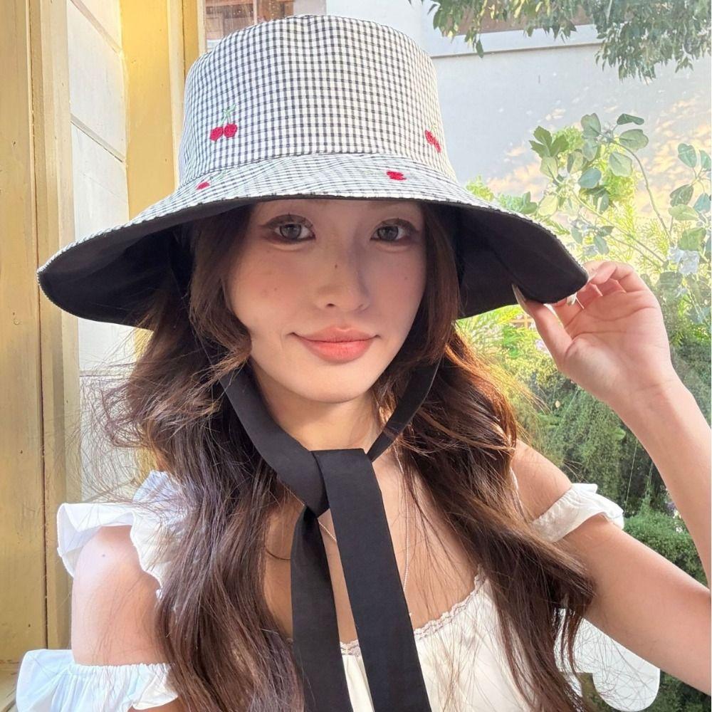 Lace Summer Sun Hat Double Sided Wearable Embroidered Cherry Bucket Hat Outdoor