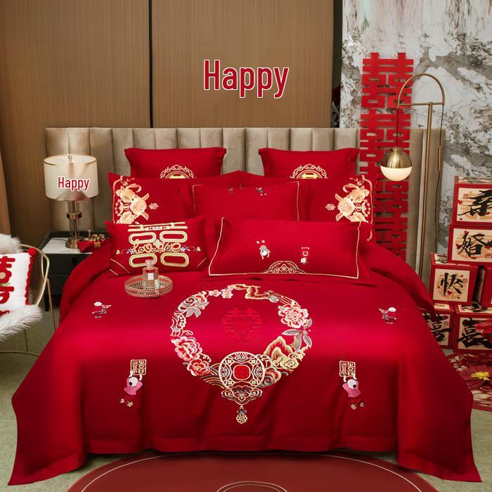 Luksusowy zestaw pościeli ślubnej z haftowanymi Smokiem i Feniksem - 4-częściowa, świąteczna, czerwona kołdra dla nowożeńców