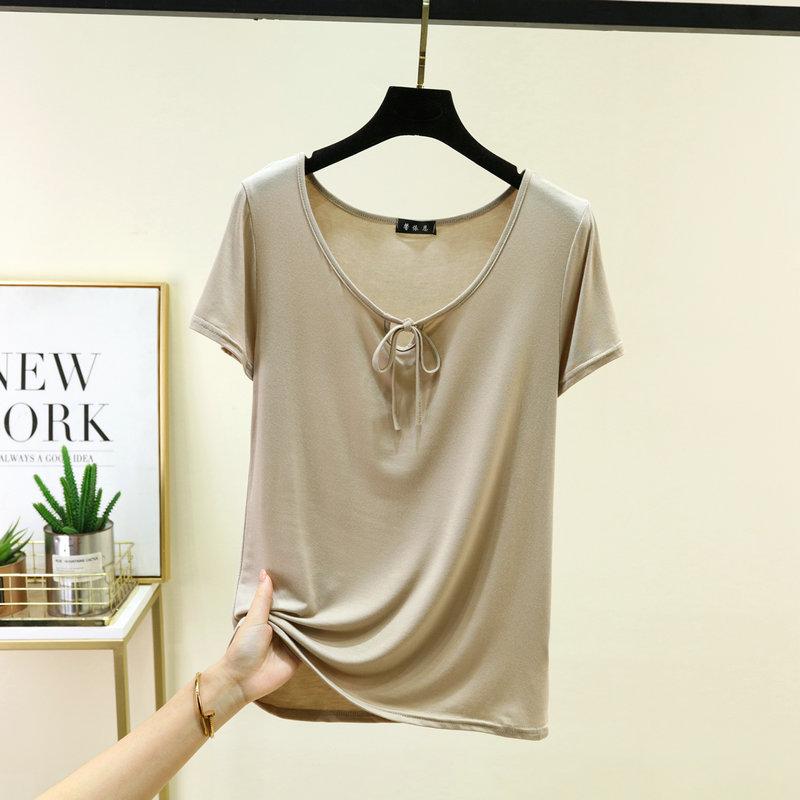 Korean Style Drawstring Modal Short Sleeve Tshirt Cute Slim Fit O Neck T-Shirt Lightweight & Soft Casual Tee Tops for Women Trendy Summer Basic Shirt