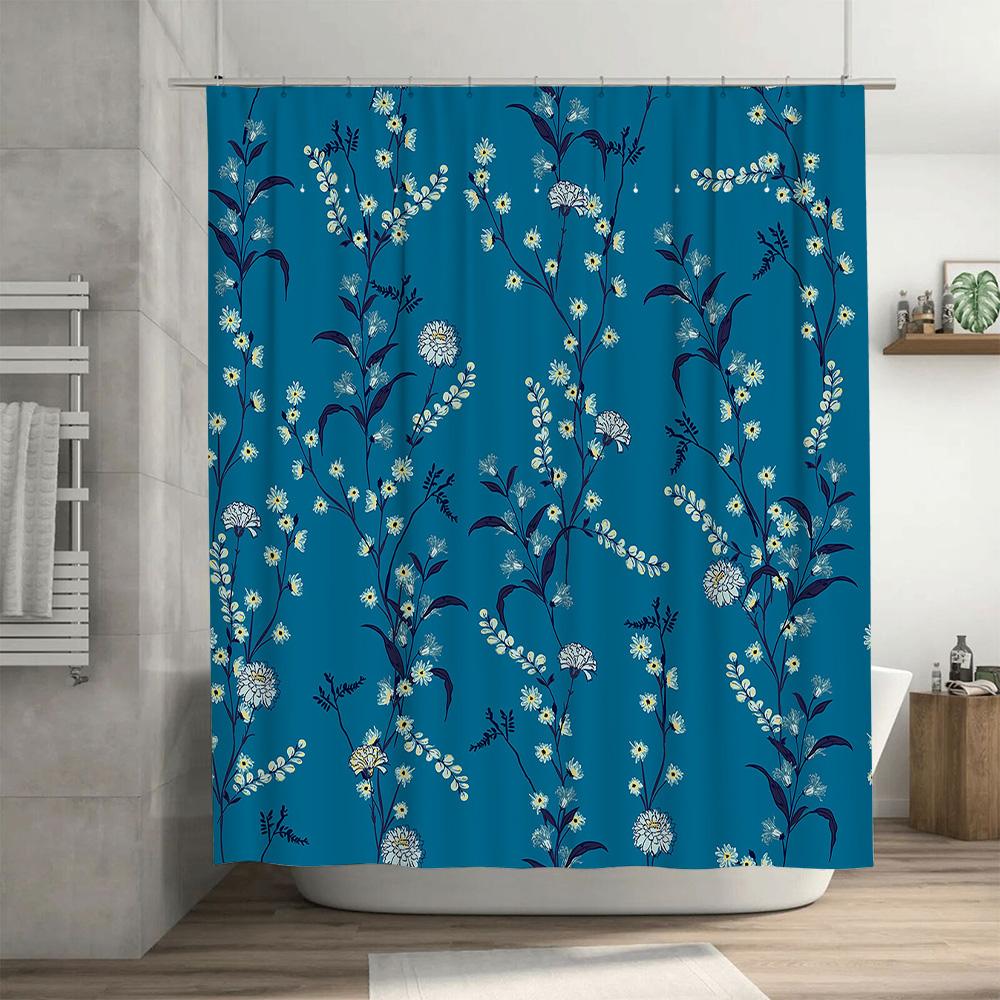 Modern Floral Print Shower Curtain Fabric Waterproof Bathroom Decor Dark Blue White Color 3D Printing Flowers Printed Customized