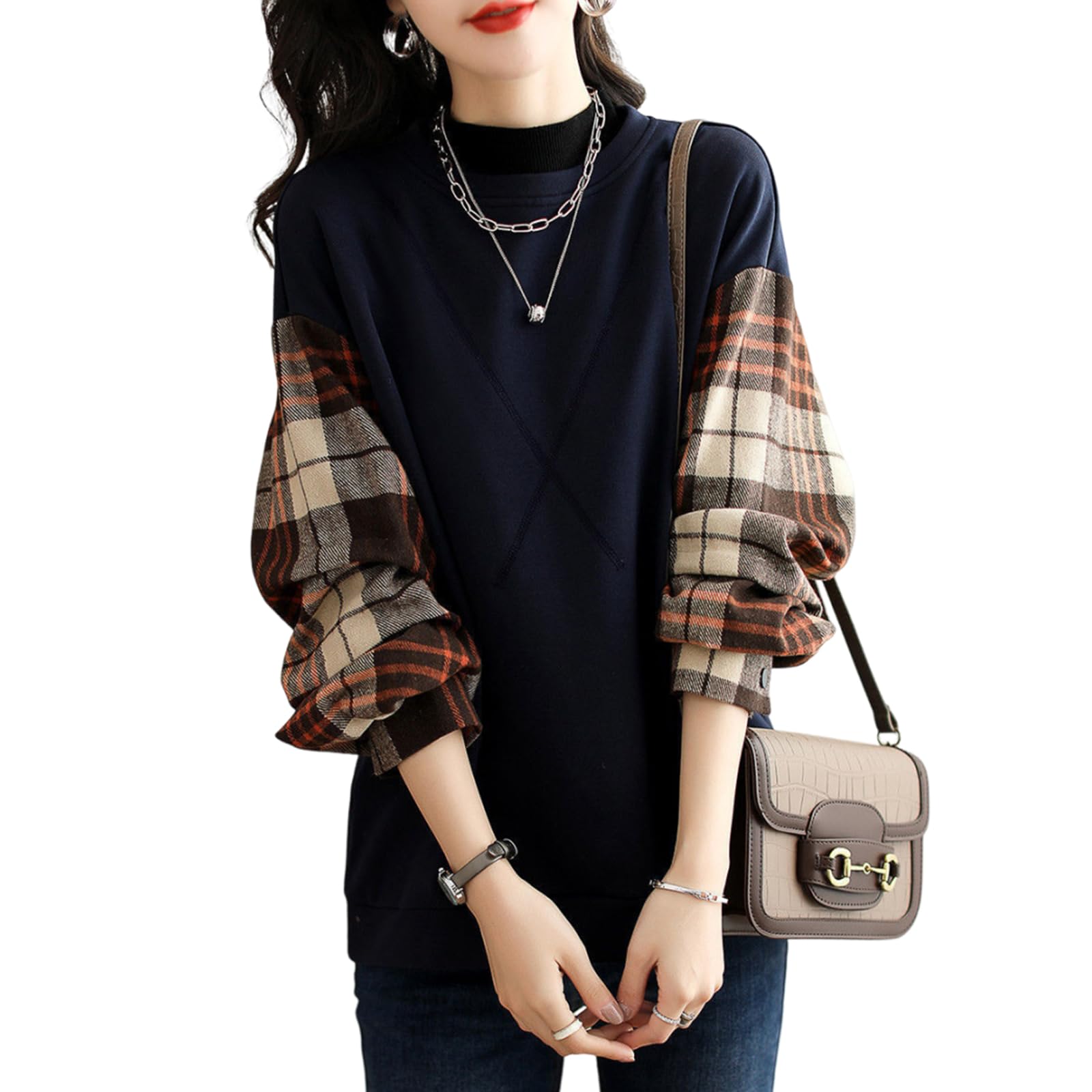 

Пуловер в клетку с длинным рукавом, многослойный, смешанный, свободный, плюс, идеально подходит для повседневной носки и зимы [Leadamon-oee] Женская толстовка/свитшот, узор, топ, образ,