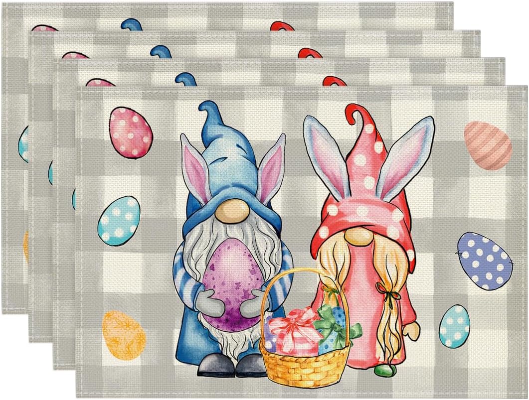 

4/6/8Pcs Pink Green Buffalo Plaid Bunny Gnomes Eggs Easter Placemats Seasonal Table Mats for Party Kitchen Dining Decoration 4Pcs-30X45cm(12X18in