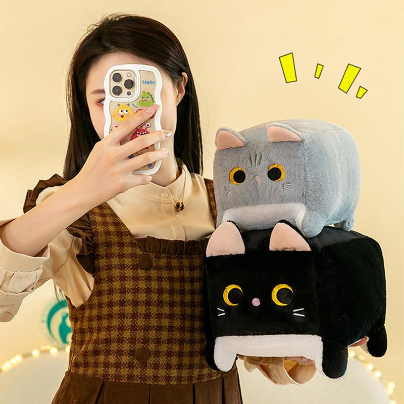 Square Cat Pillow Plush Toy Kitten Animal Plush Fluffy Cushion Soft Doll Cartoon Kawaii Black Cat Decoration Pillow Relaxing Kid