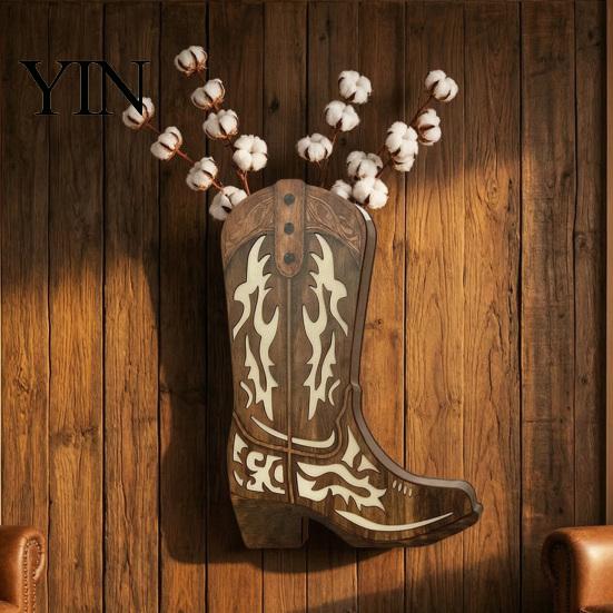 Farmhouse Flower Arrangement Holder Wooden Cowboy Boots Wall Planter for Indoor Plants, Western Boot Hanging Vase Decorative Wood Grain Sculpture Faux