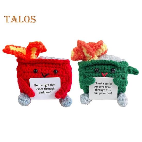 2Pcs Positive Crochet Flame Dumpster with Encouraging Card Emotional Support Handmade Knitting Trash Can Doll Decoration Ornament