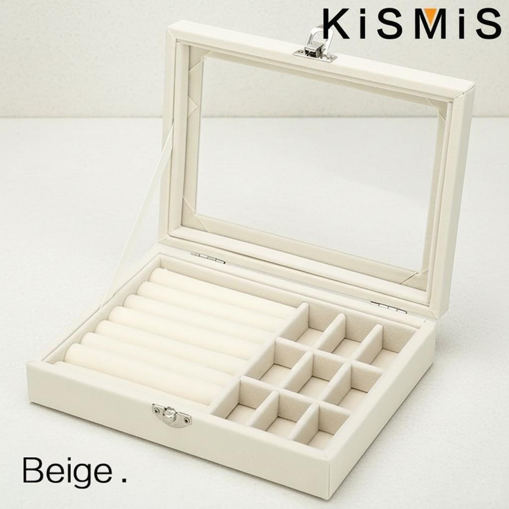 

Velvet Jewelry Organizer Box with Clear Lid Dust-Proof Ring and Earring Storage Case for Multiple Pieces бежевий