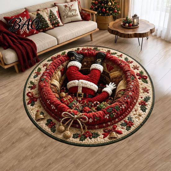 Kerstfeest Woondecoratie Rond Kerst 3D Vloerkleed, Optische Illusie Vloerkleed Kerstman Kabouter Gewatteerd-achtig Creatief Cadeau voor Antislip Wasbare Vloer