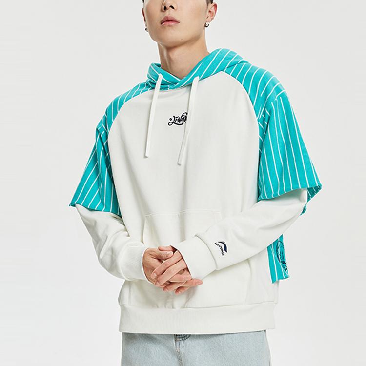 Li Ning Skateboard Series Fake Two-Piece Striped Splicing Pullover Hoodie Men Hoodies Champagne-White Ice-Porcelain-Green AWDR119-3