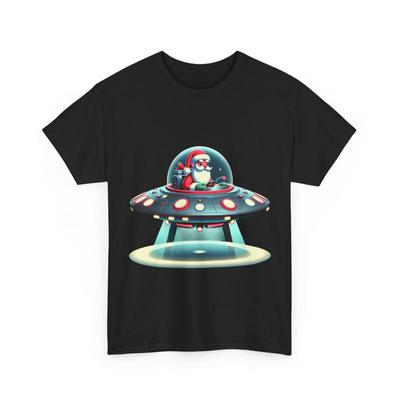 Camiseta Divertida de Férias Papai Noel em Nave Espacial OVNI