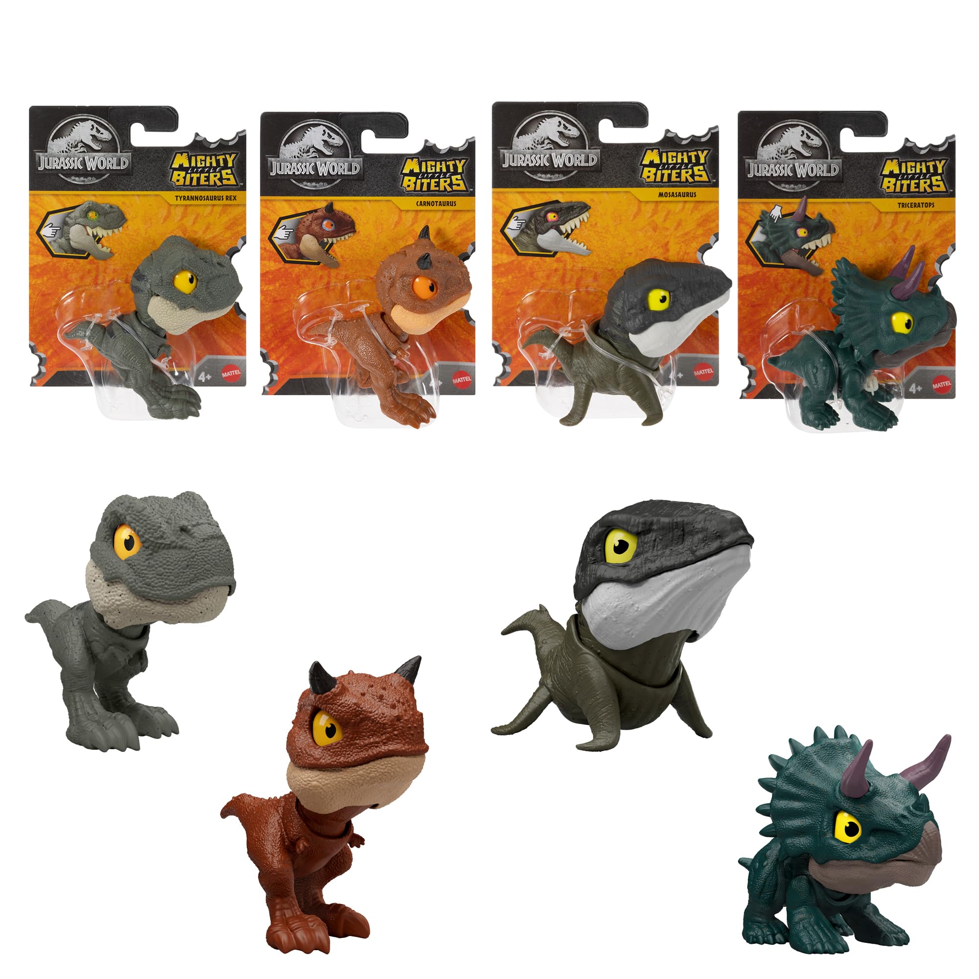 

Mattel Jurassic World Chewy Dinosaur Collection, Moving Assortment, Kids Figures, 4 Mini Figures, Box Set, Complete Set, Ages 4 and Up,