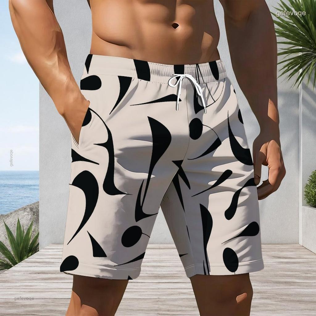 Men s Plus Size Abstract Printed Beach Shorts Drawstring Waist Side Pockets Straight Leg