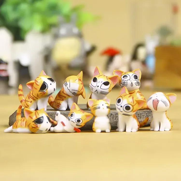 9pcs Cheese Cat Mini Ornament Sets Moss Micro Landscape Succulent Decorative Figurines Cartoon Animals Desktop Cats Craft Gifts