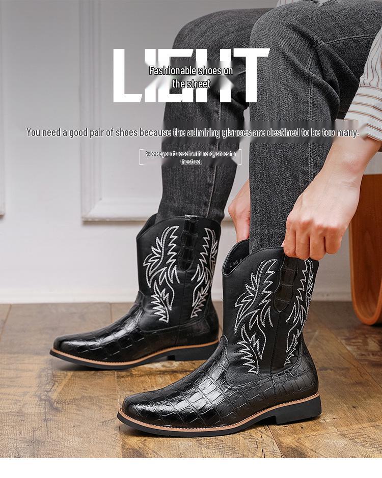 Men's Western Cowboy Boots: Retro Crocodile Pattern Embroidered Leather Knight Boots, Large Size, High Cut