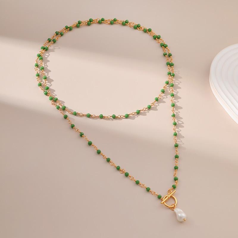 Women Multi Layer Green Bead 18k Gold Plated Irregular Pearl Pendant Necklace
