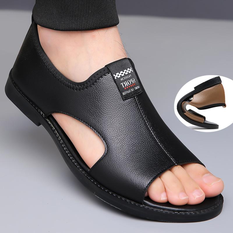 

Summer new men s open-toed breathable leather sandals men s Roman sandals wear casual beach shoes men 38 чёрный