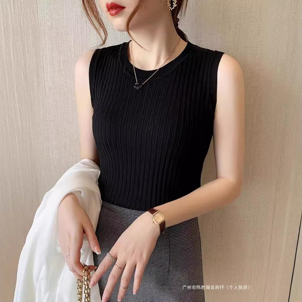 Suspender vest women's spring and summer slim-fit sleeveless knitted bottoming shirt elastic crew neck T-shirt with three-dimensional decoration