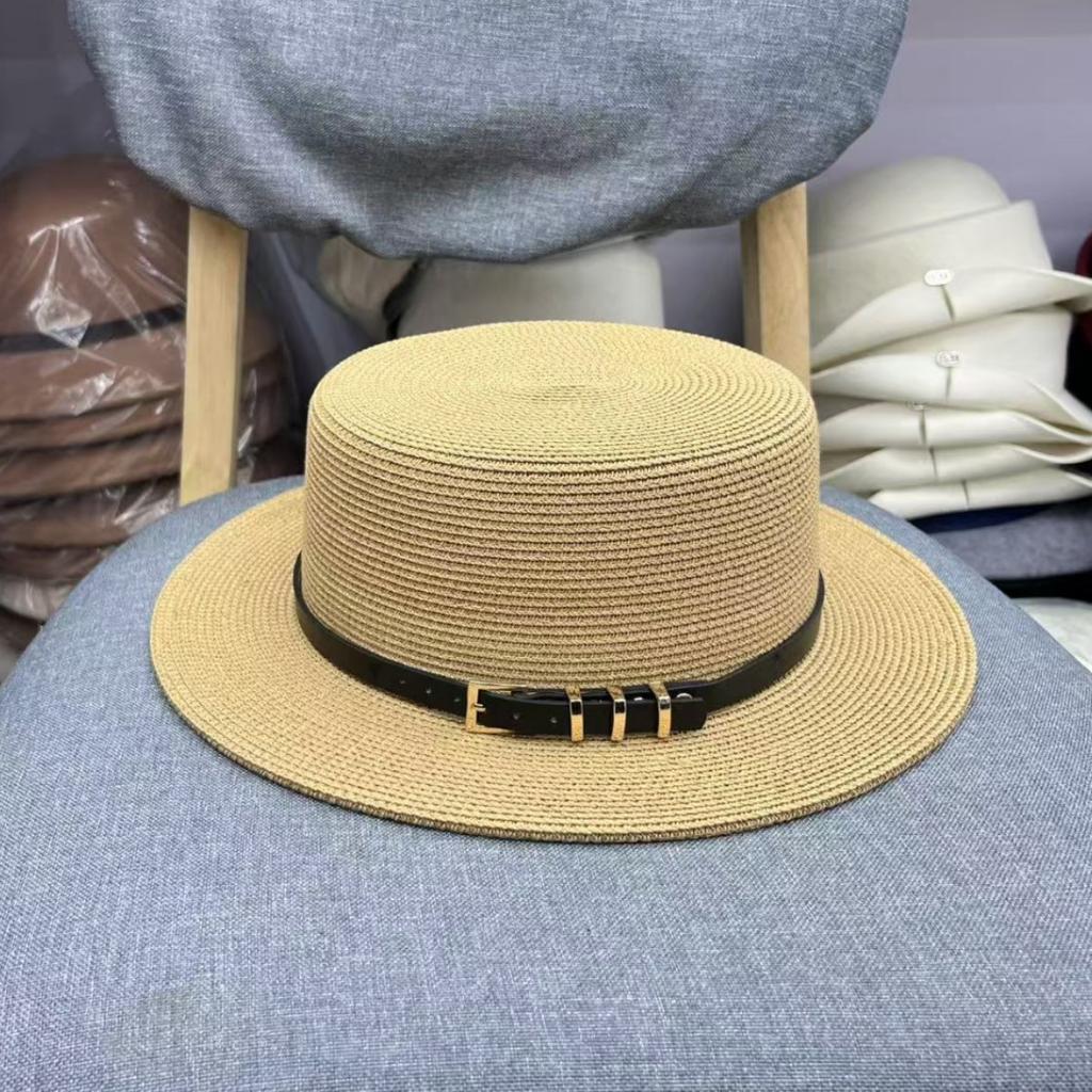 Sunscreen straw hat women's sunshade belt buckle flat top hat top hat traveling shopping straw hat fashion versatile