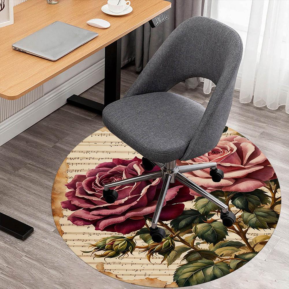 1pc Rose Music Round Chair mat office Area Rug - Non-Slip, Floor Mat for Office, Bedroom, Ideal home decor gift c0112107