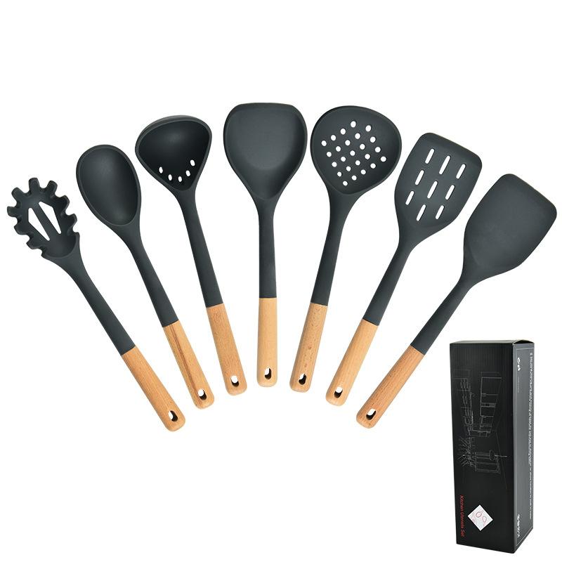 

7 Pcs Silicone Kitchenware Set Environmental Protection Material Solid Wood Handle Cooking Tools Frying Spatula Soup Spoon Rice