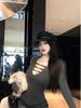 Spicy V-Neck Long-Sleeve Velvet T-Shirt Women's Slim Fit Cinched Waist Base Layer Black Top